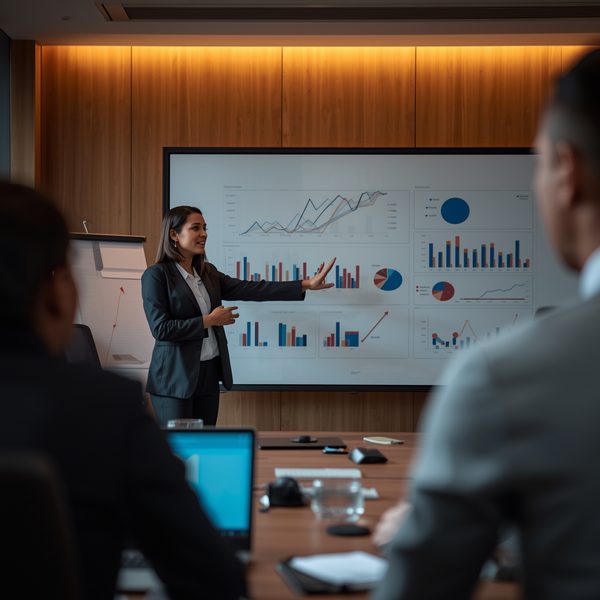 Investment performance charts reviewed in a boardroom