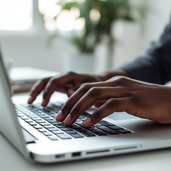 Hands working on a laptop during a loan review
